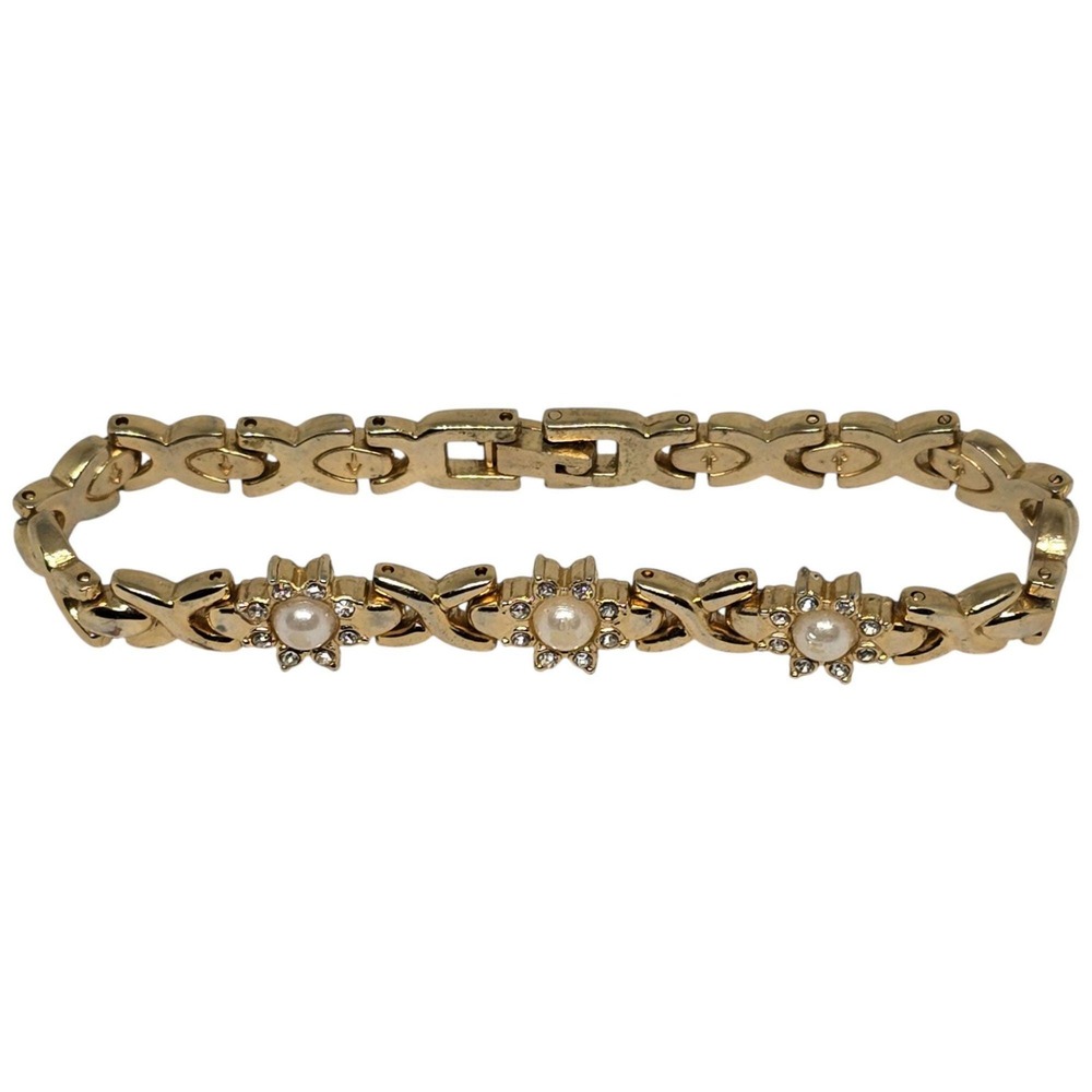 Vintage Gold Tone Pearl & Rhinestone Floral Link Bracelet Elegant Costume Jewelr